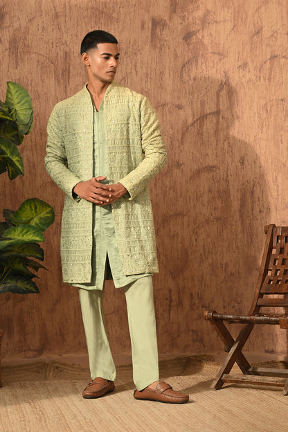 GREEN CHANDERI mens double layered kurta pajama with mirrorwork
