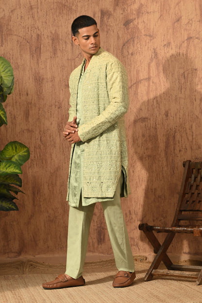 GREEN CHANDERI mens double layered kurta pajama with mirrorwork
