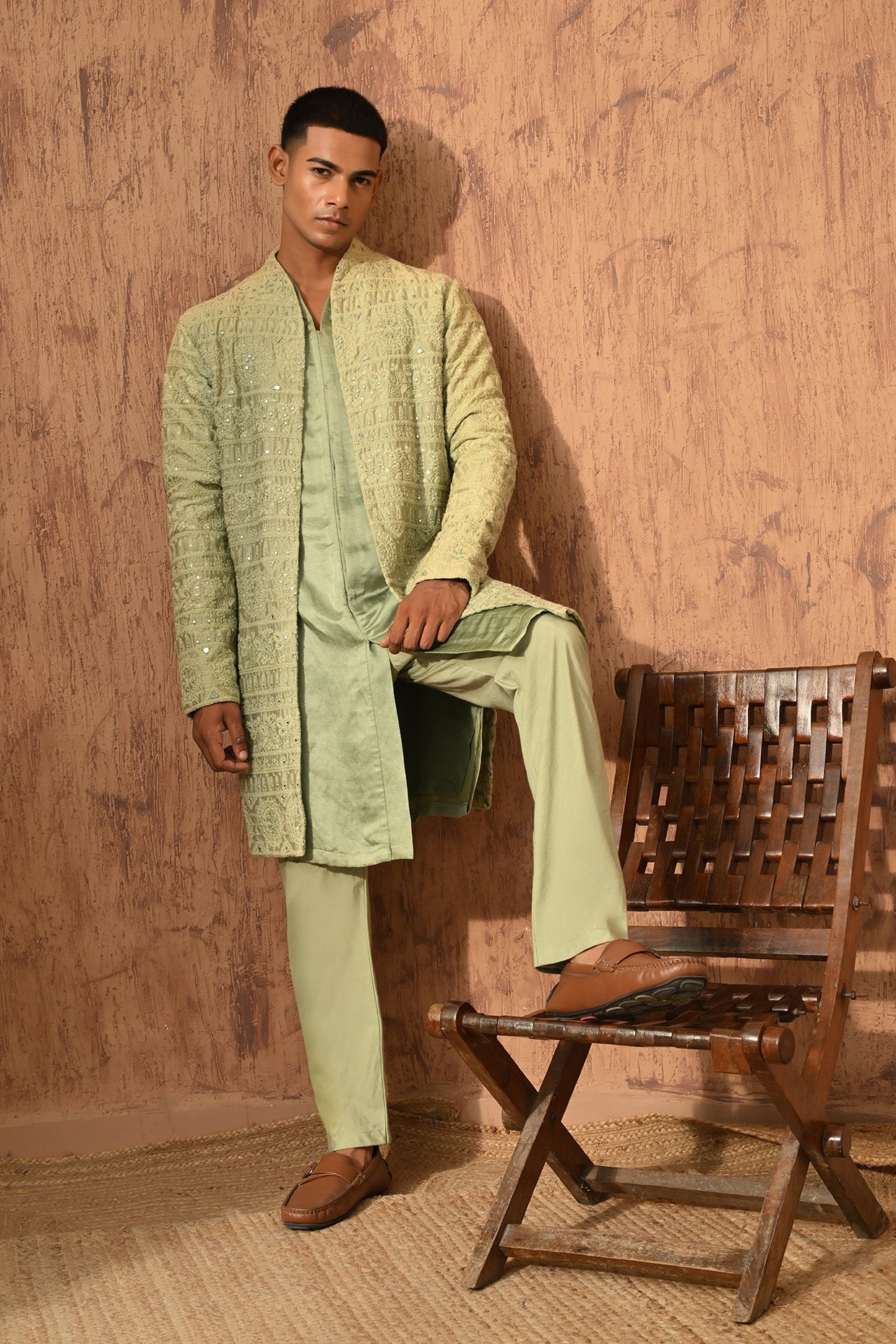 GREEN CHANDERI mens double layered kurta pajama with mirrorwork