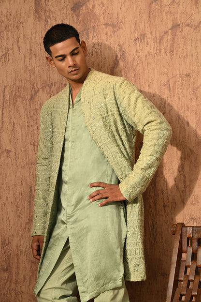 GREEN CHANDERI mens double layered kurta pajama with mirrorwork