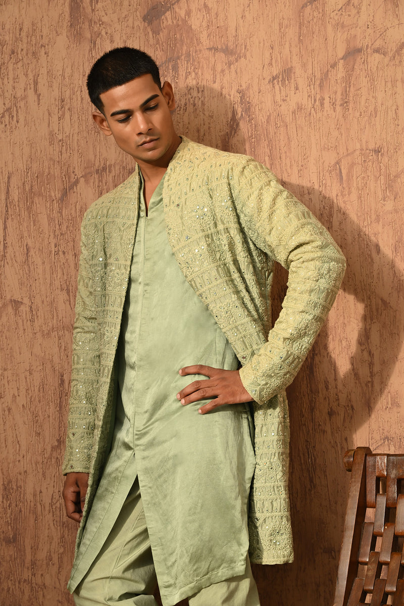 GREEN CHANDERI mens double layered kurta pajama with mirrorwork