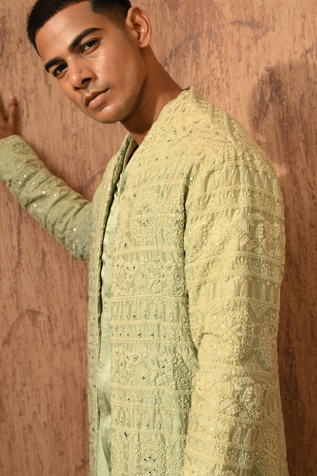 GREEN CHANDERI mens double layered kurta pajama with mirrorwork