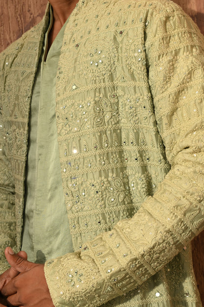 GREEN CHANDERI mens double layered kurta pajama with mirrorwork