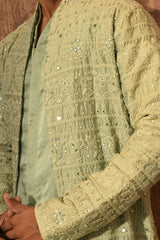 GREEN CHANDERI mens double layered kurta pajama with mirrorwork