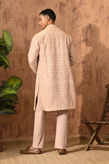 ROSE GOLD CHANDERI mens double layered kurta pajama with mirrorwork
