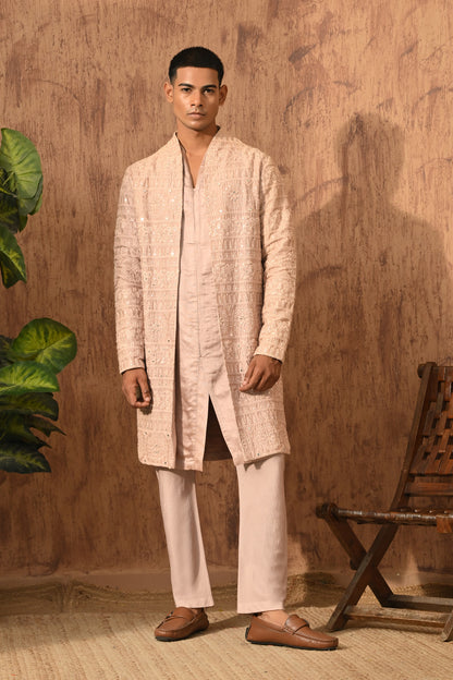 ROSE GOLD CHANDERI mens double layered kurta pajama with mirrorwork