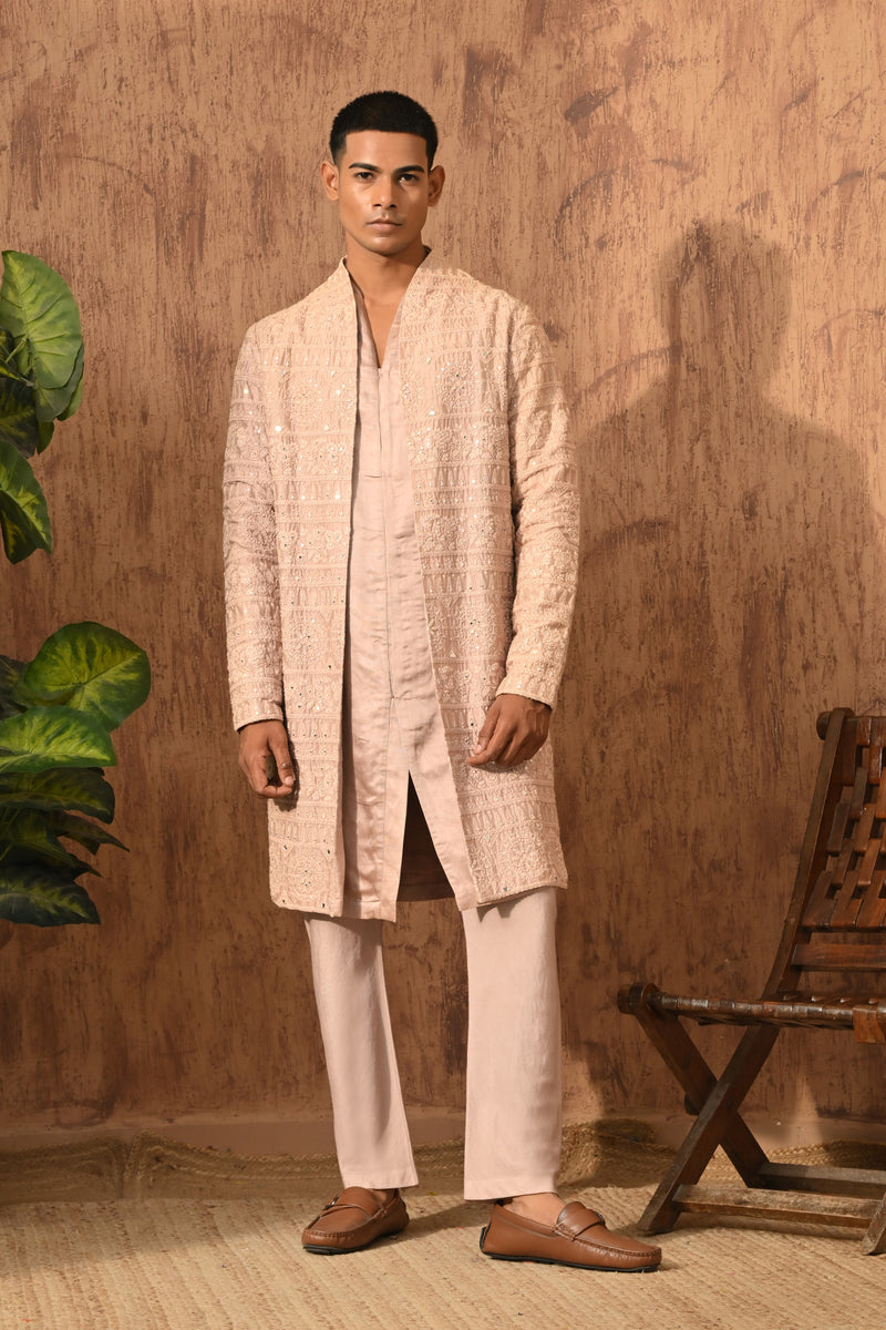 ROSE GOLD CHANDERI mens double layered kurta pajama with mirrorwork