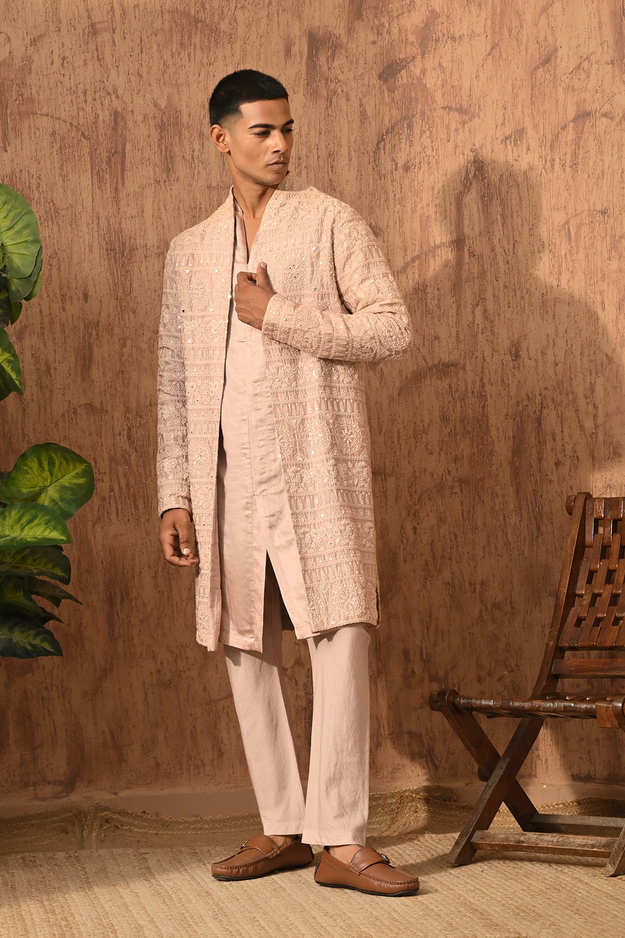 ROSE GOLD CHANDERI mens double layered kurta pajama with mirrorwork