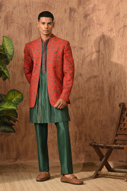 RUST/GREEN SILK mens bandgala kurta pant with hand blockprinting and pintucks