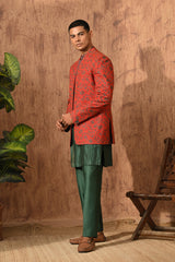 RUST/GREEN SILK mens bandgala kurta pant with hand blockprinting and pintucks