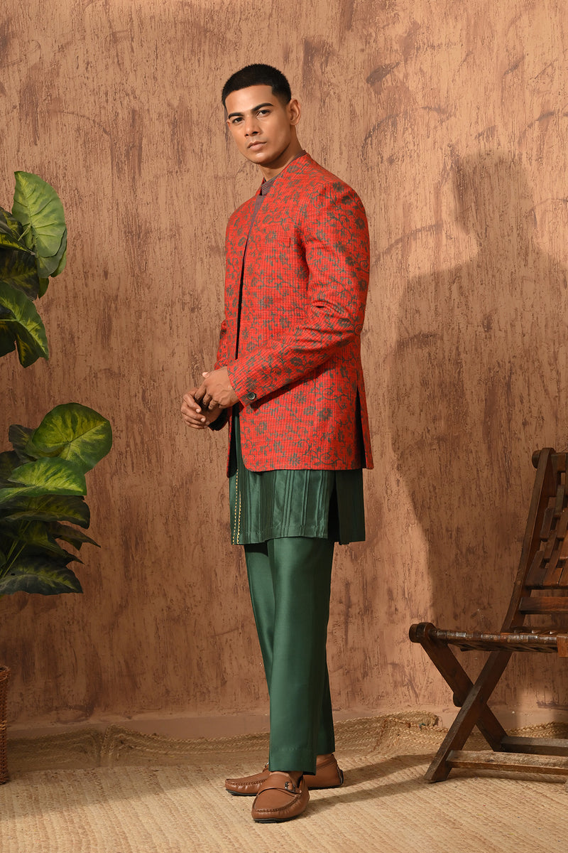 RUST/GREEN SILK mens bandgala kurta pant with hand blockprinting and pintucks
