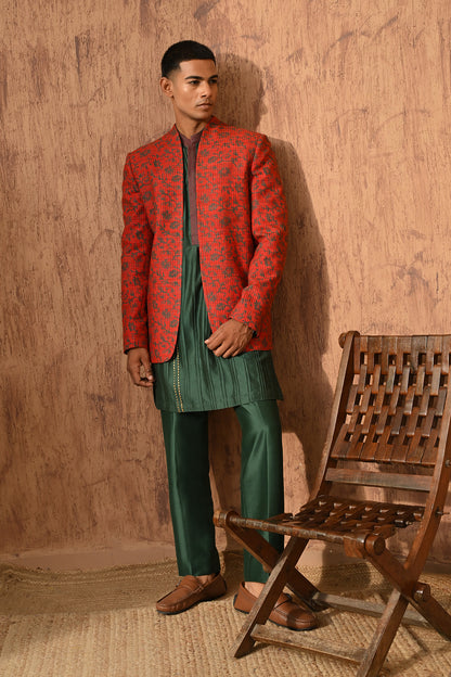 RUST/GREEN SILK mens bandgala kurta pant with hand blockprinting and pintucks
