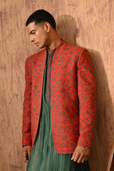 RUST/GREEN SILK mens bandgala kurta pant with hand blockprinting and pintucks