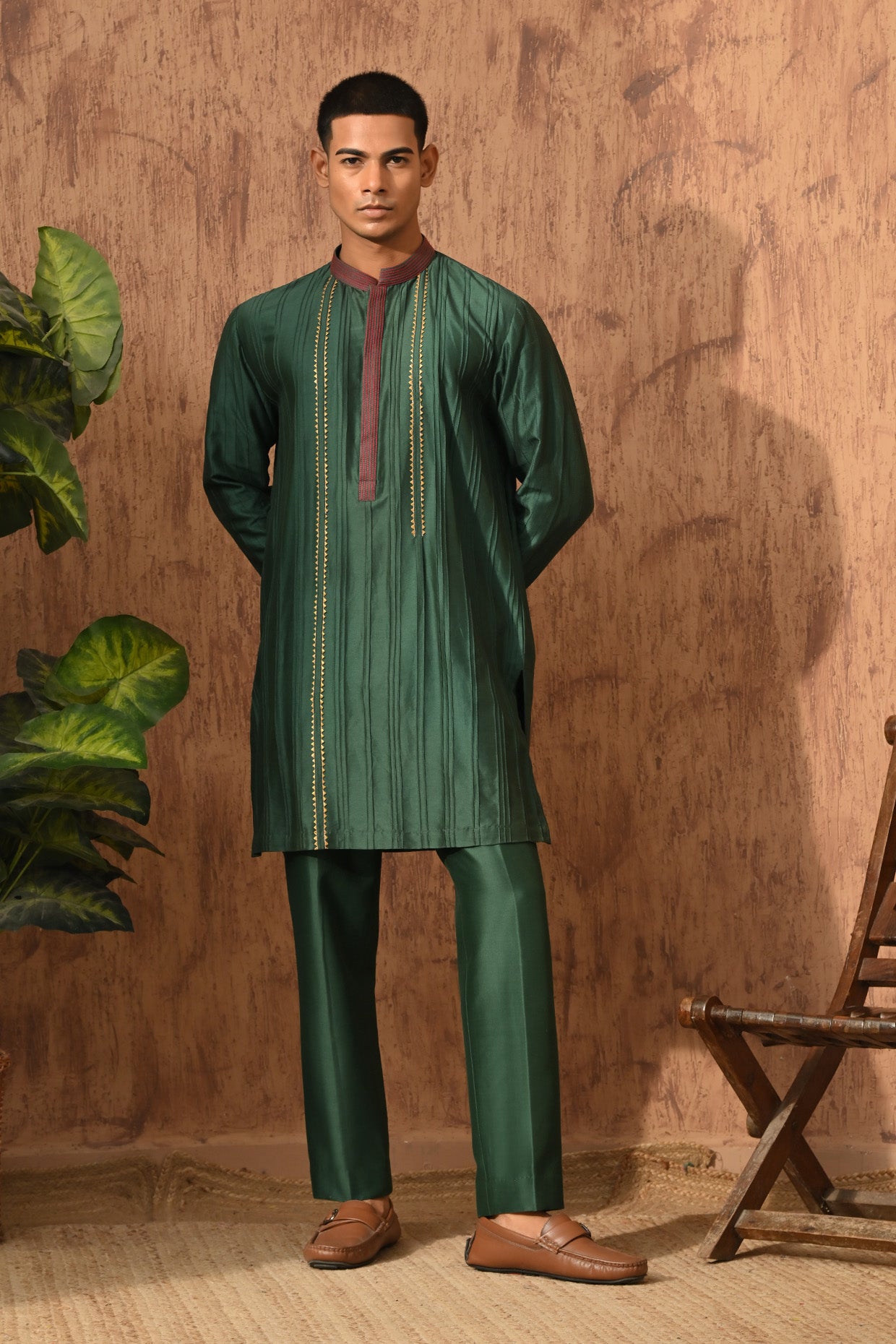 RUST/GREEN SILK mens bandgala kurta pant with hand blockprinting and pintucks