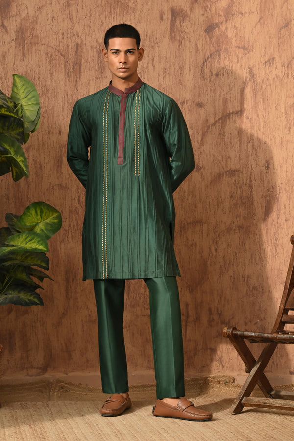 RUST/GREEN SILK mens bandgala kurta pant with hand blockprinting and pintucks