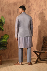 GREY LINEN SATIN mens kurta pajama nehru jacket with frenchknots embroidery