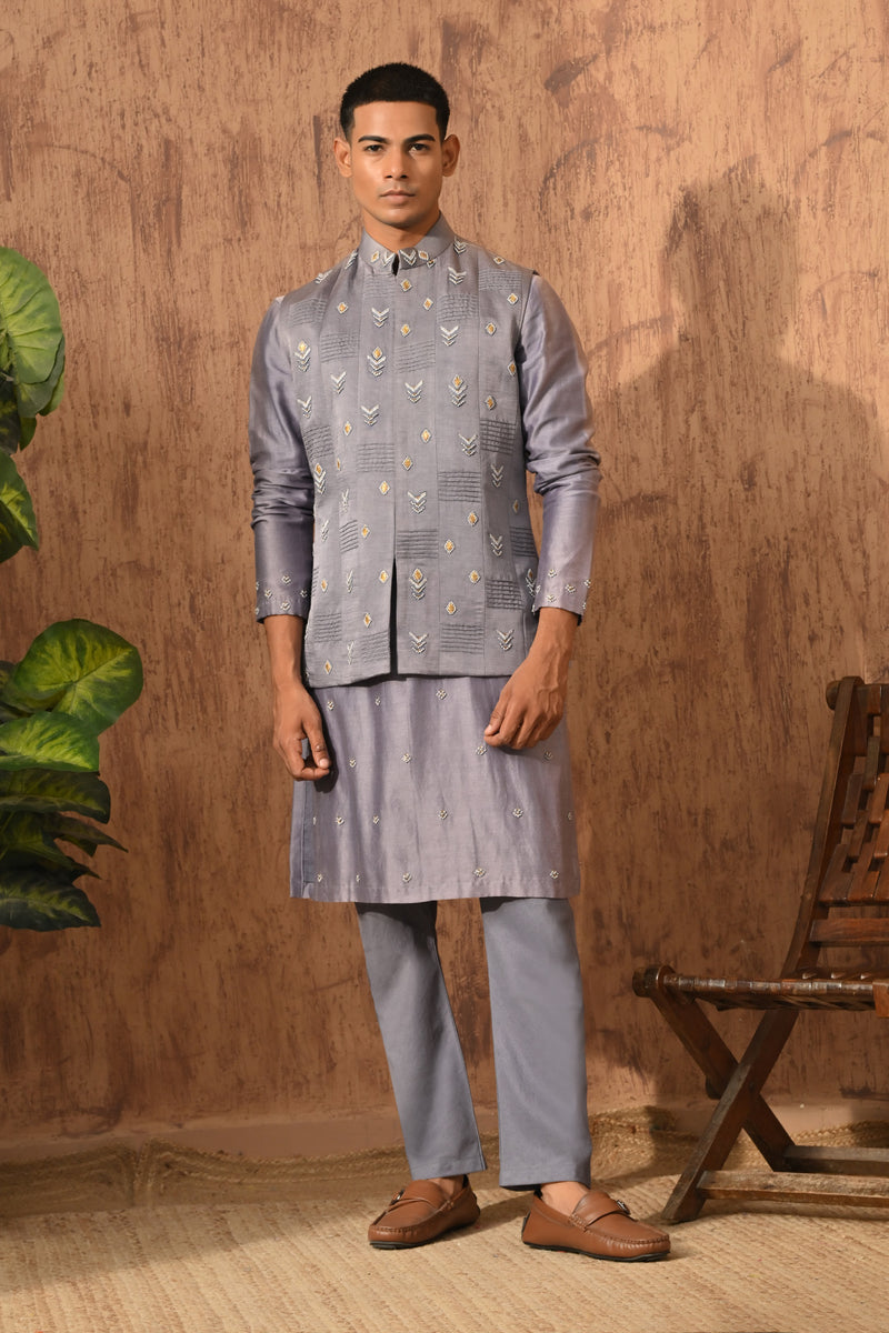 GREY LINEN SATIN mens kurta pajama nehru jacket with frenchknots embroidery