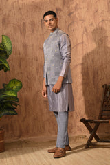 GREY LINEN SATIN mens kurta pajama nehru jacket with frenchknots embroidery