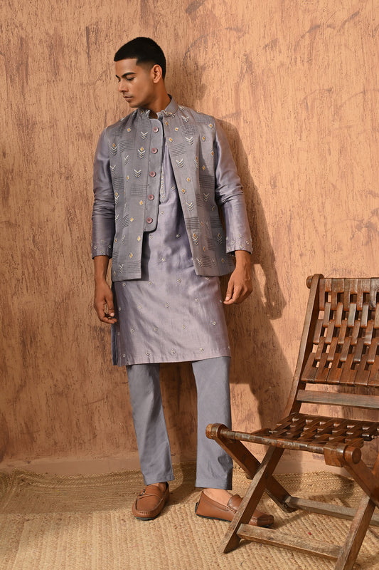 GREY LINEN SATIN mens kurta pajama nehru jacket with frenchknots embroidery