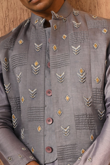 GREY LINEN SATIN mens kurta pajama nehru jacket with frenchknots embroidery