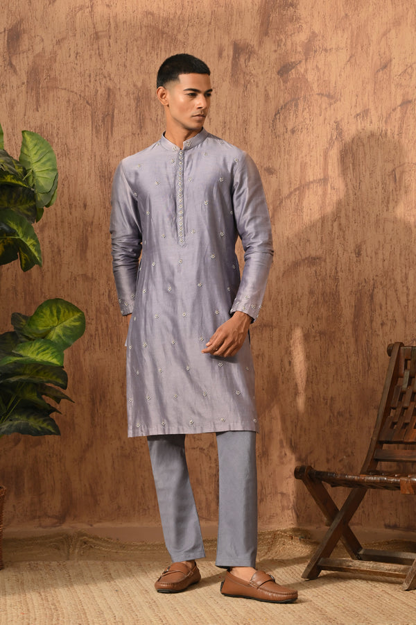 GREY LINEN SATIN mens kurta pajama nehru jacket with frenchknots embroidery