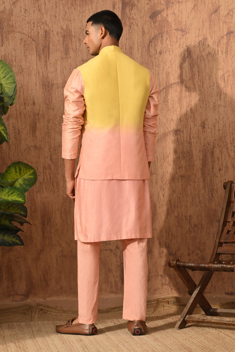 YELLOW/PEACH MONGA SILK mens kurta pajama nehru jacket with gotawork