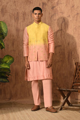 YELLOW/PEACH MONGA SILK mens kurta pajama nehru jacket with gotawork