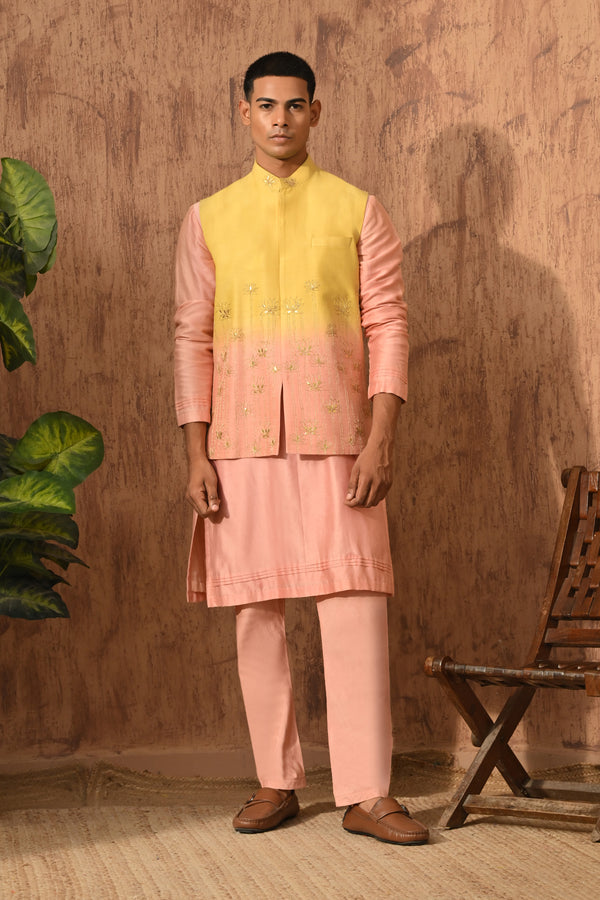 YELLOW/PEACH MONGA SILK mens kurta pajama nehru jacket with gotawork