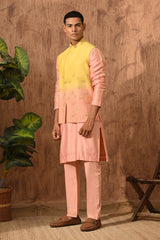YELLOW/PEACH MONGA SILK mens kurta pajama nehru jacket with gotawork