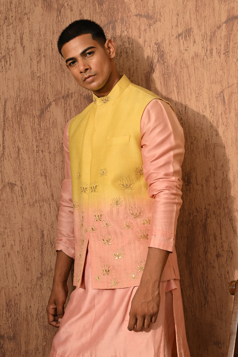 YELLOW/PEACH MONGA SILK mens kurta pajama nehru jacket with gotawork