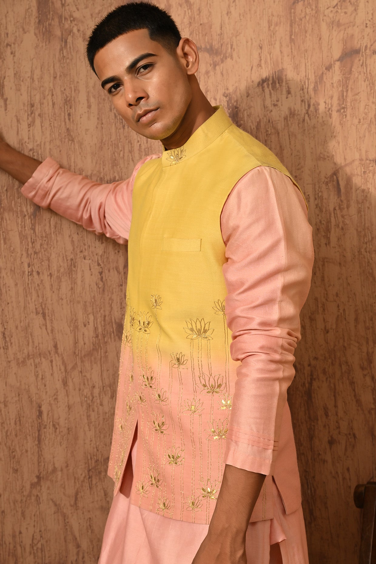 YELLOW/PEACH MONGA SILK mens kurta pajama nehru jacket with gotawork