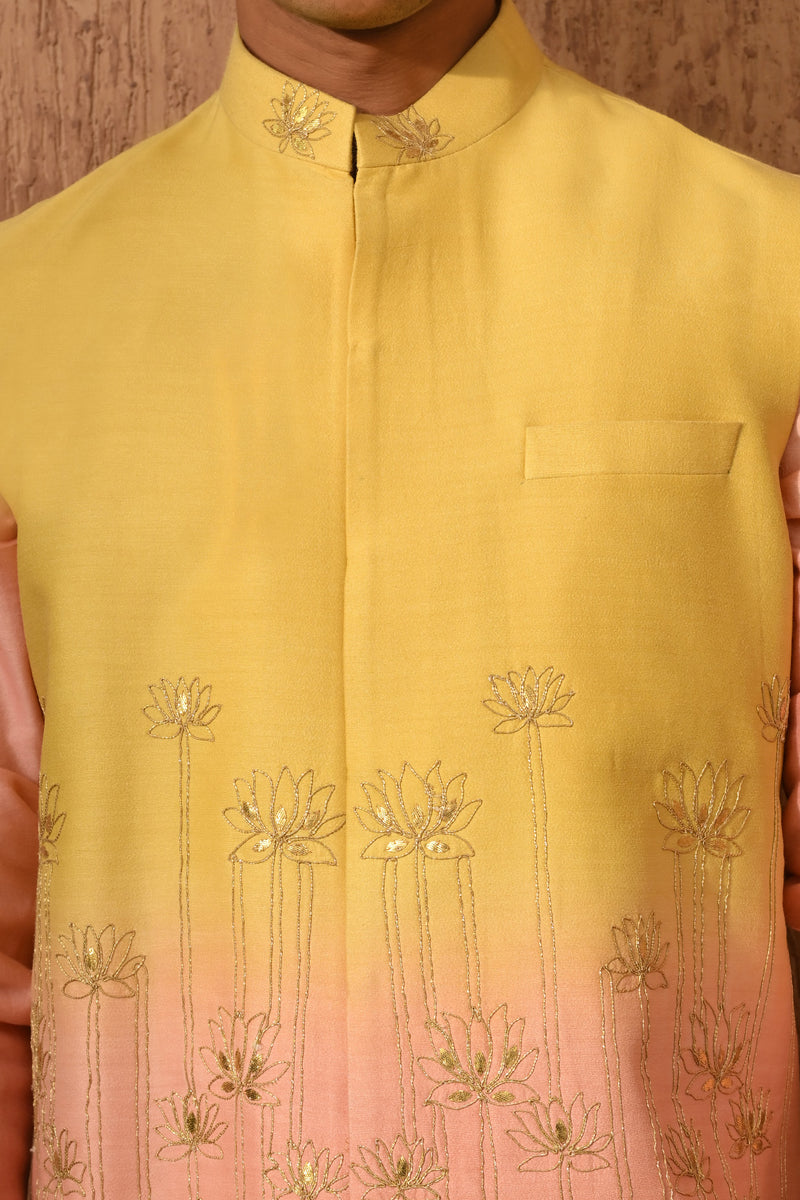 YELLOW/PEACH MONGA SILK mens kurta pajama nehru jacket with gotawork