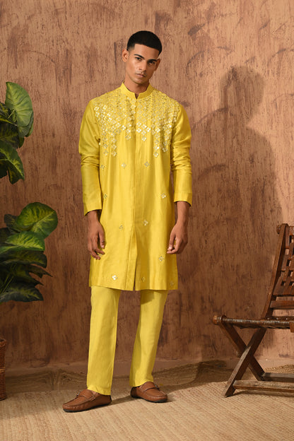 GREEN CHANDERI mens kurta pajama stole with 3d embroidery