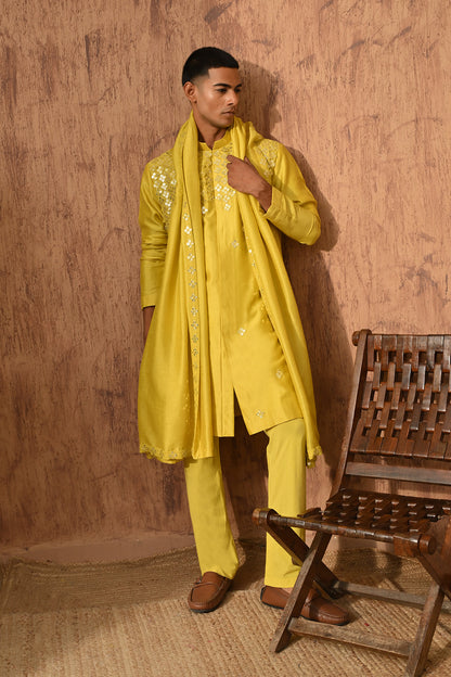 GREEN CHANDERI mens kurta pajama stole with 3d embroidery