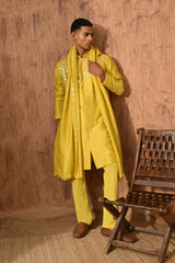 GREEN CHANDERI mens kurta pajama stole with 3d embroidery