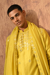 GREEN CHANDERI mens kurta pajama stole with 3d embroidery