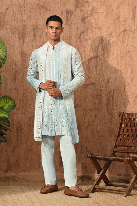 GREEN GEORGETTE mens kurta pajama stole with patra work