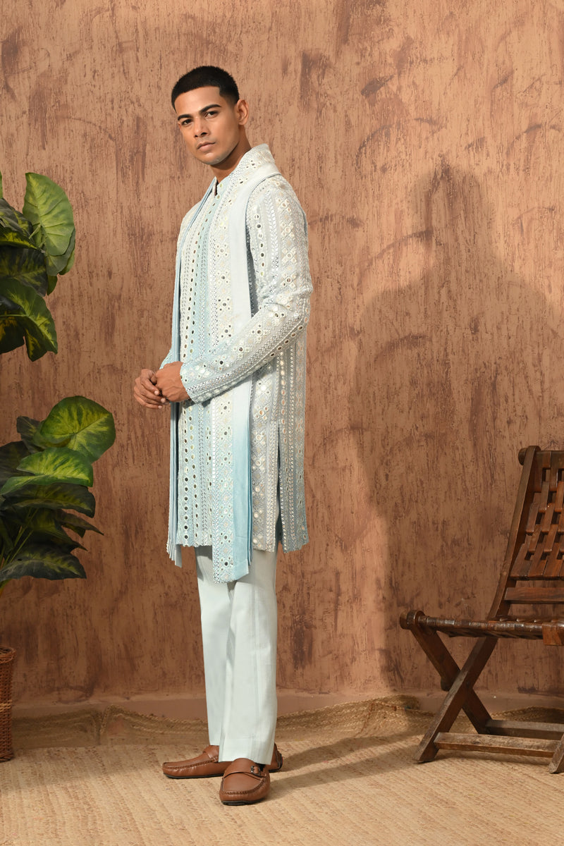 GREEN GEORGETTE mens kurta pajama stole with patra work