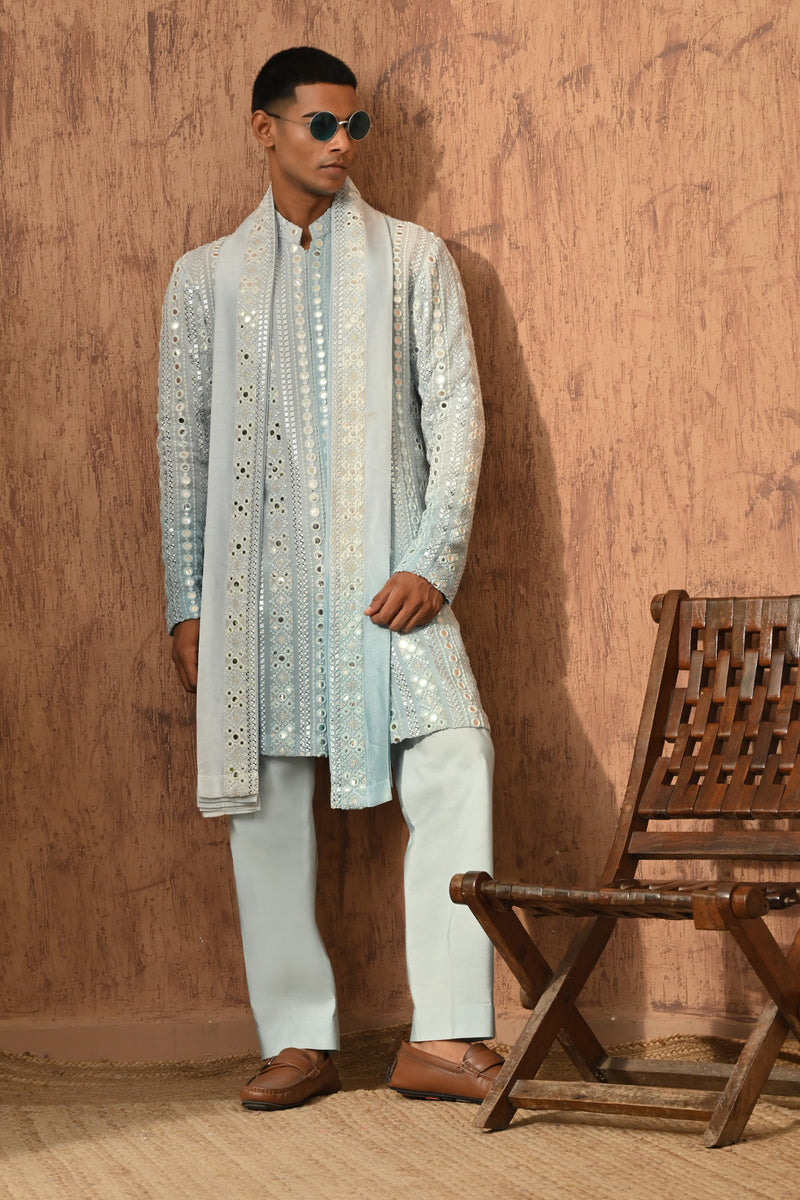 GREEN GEORGETTE mens kurta pajama stole with patra work