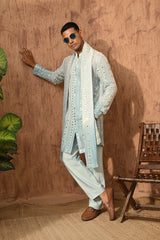 GREEN GEORGETTE mens kurta pajama stole with patra work