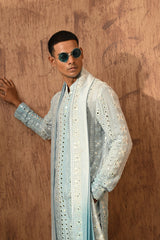 GREEN GEORGETTE mens kurta pajama stole with patra work