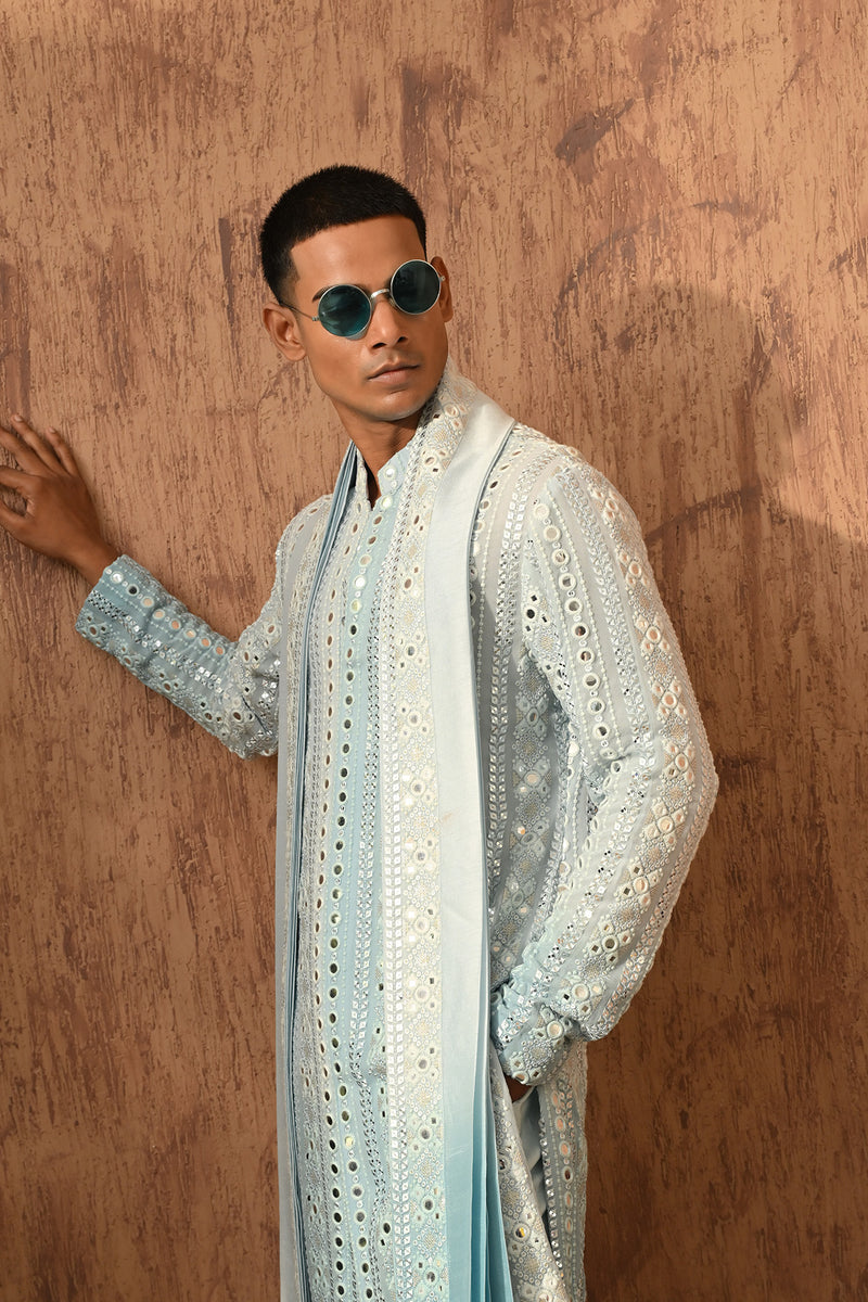 GREEN GEORGETTE mens kurta pajama stole with patra work