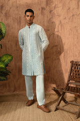 GREEN GEORGETTE mens kurta pajama stole with patra work