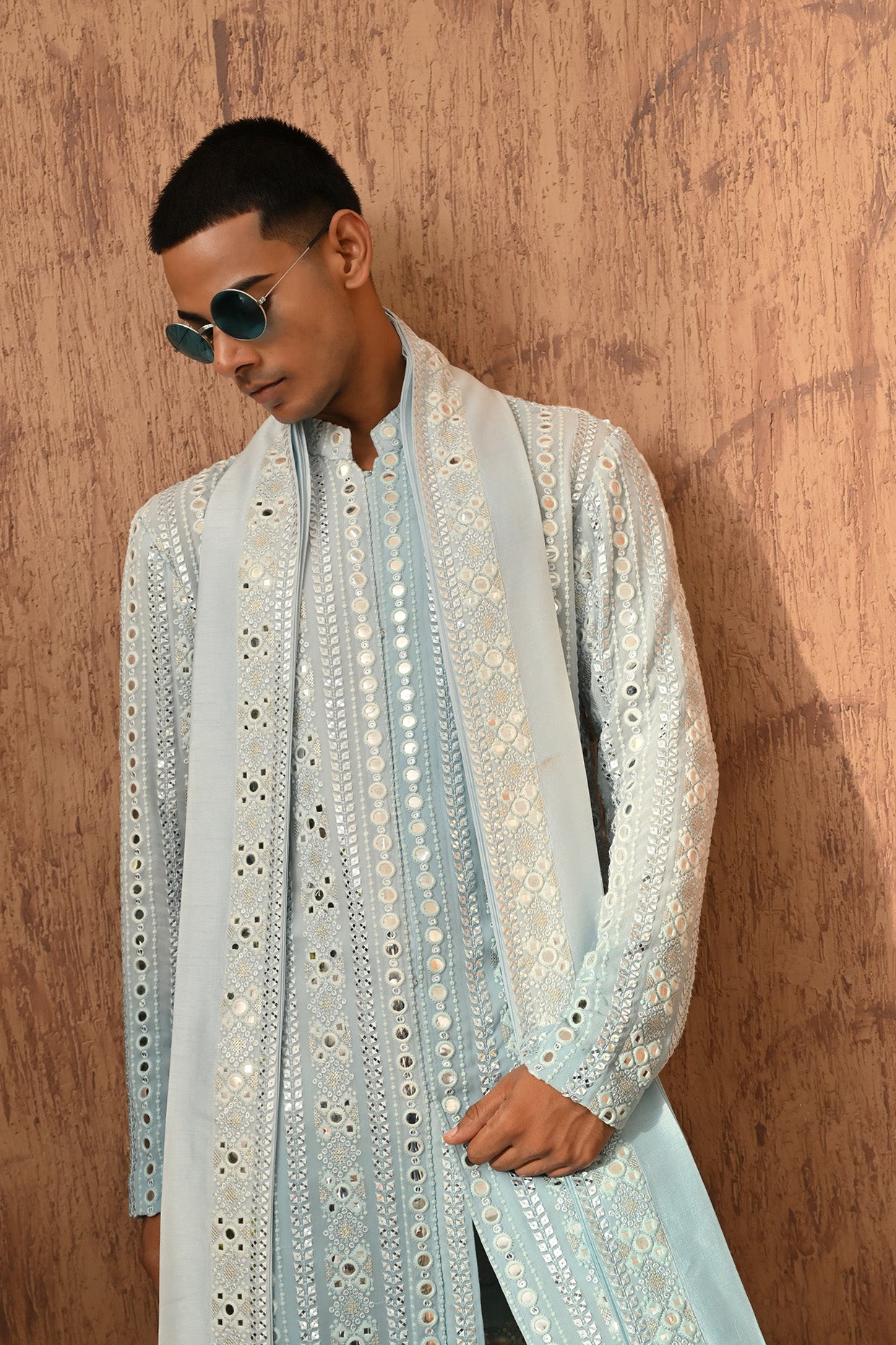 GREEN GEORGETTE mens kurta pajama stole with patra work