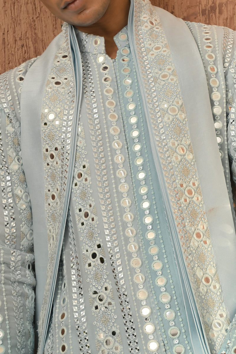 GREEN GEORGETTE mens kurta pajama stole with patra work