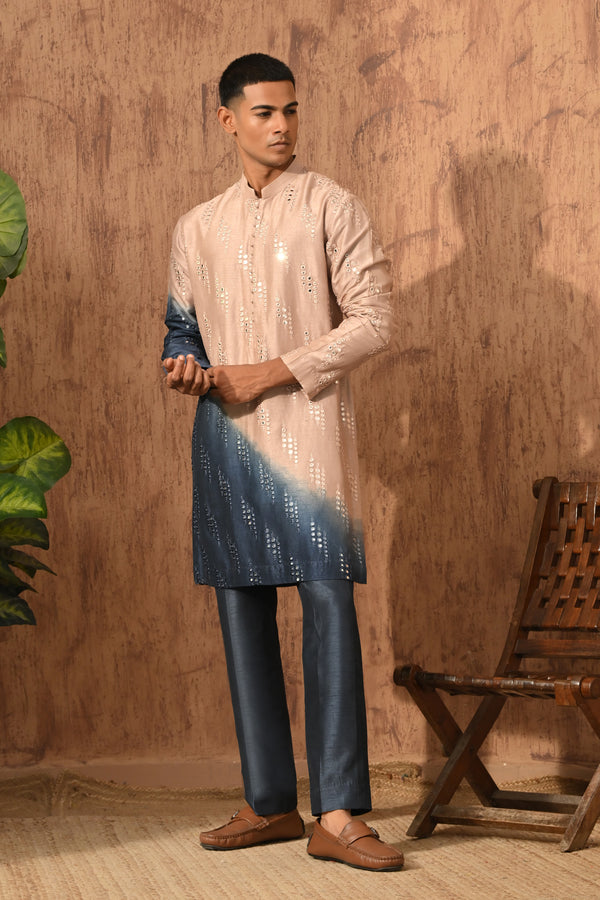 ROSE GOLD/BLUE VISCOSE SILK mens kurta pajama with patra work