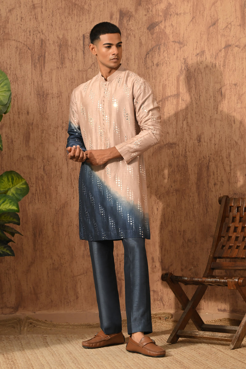 ROSE GOLD/BLUE VISCOSE SILK mens kurta pajama with patra work
