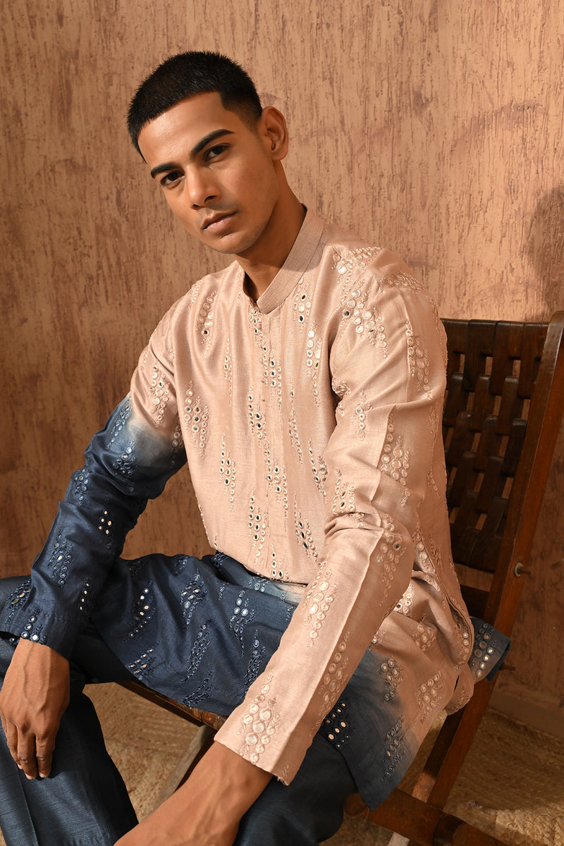 ROSE GOLD/BLUE VISCOSE SILK mens kurta pajama with patra work