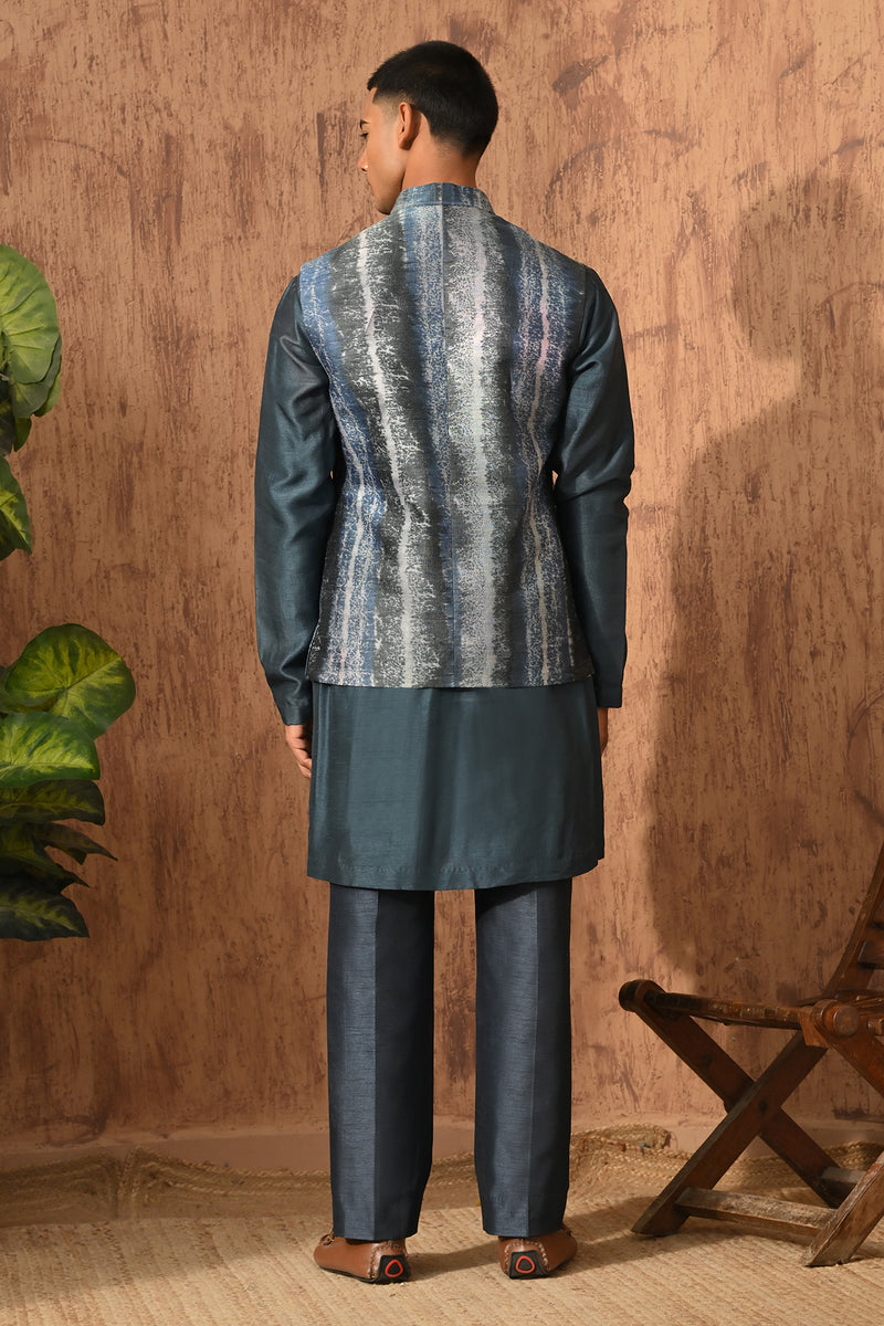 BLUE RAW SILK mens kurta pajama nehru jacket with digital printing
