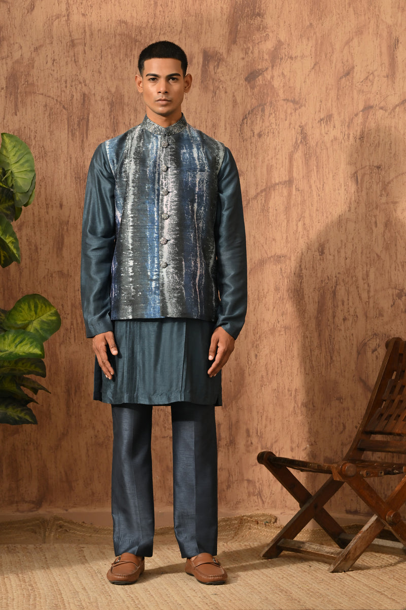 BLUE RAW SILK mens kurta pajama nehru jacket with digital printing